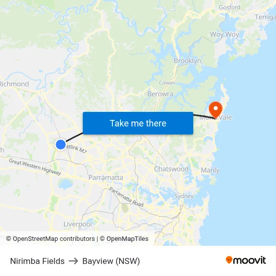 Nirimba Fields to Bayview (NSW) map