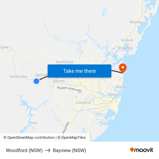 Woodford (NSW) to Bayview (NSW) map