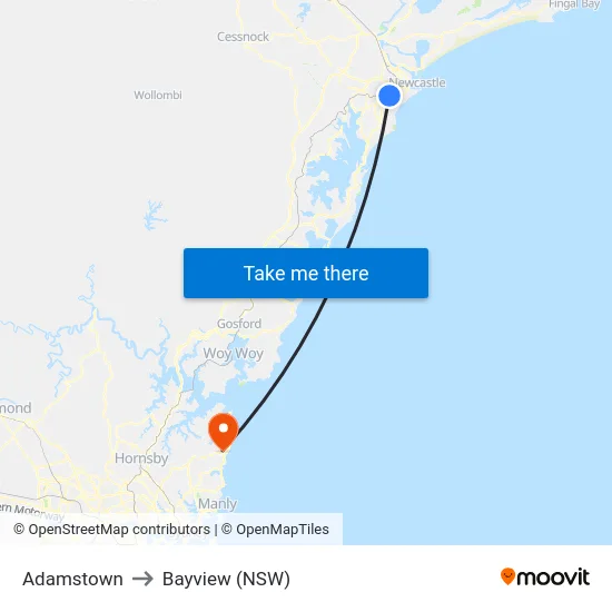Adamstown to Bayview (NSW) map
