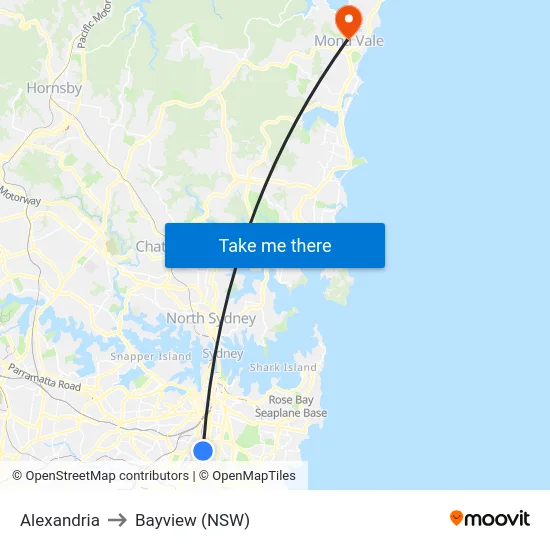 Alexandria to Bayview (NSW) map