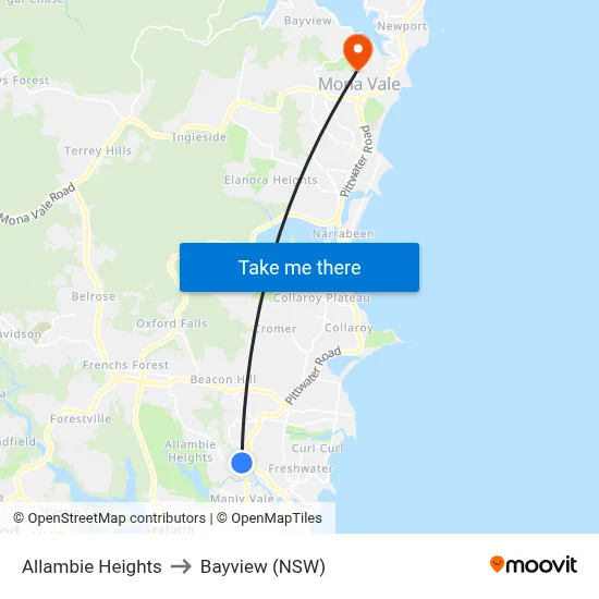 Allambie Heights to Bayview (NSW) map
