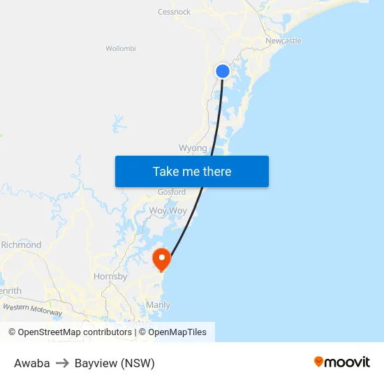 Awaba to Bayview (NSW) map
