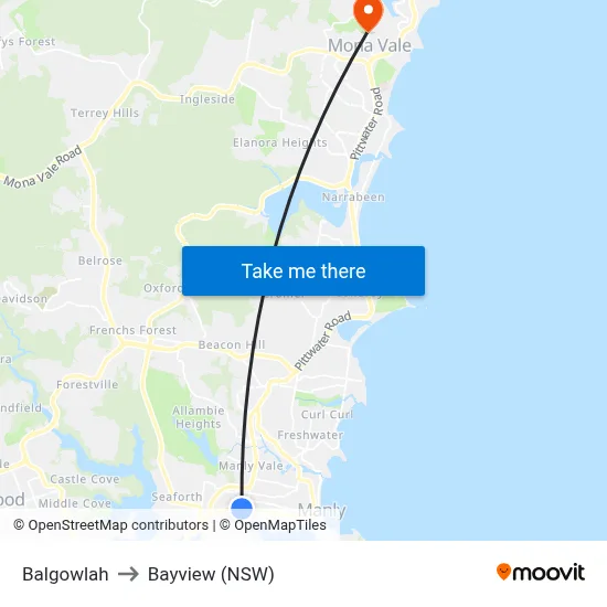 Balgowlah to Bayview (NSW) map