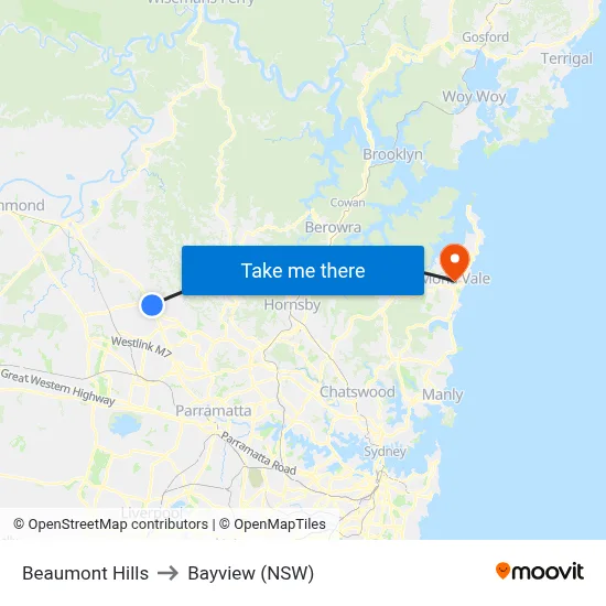 Beaumont Hills to Bayview (NSW) map