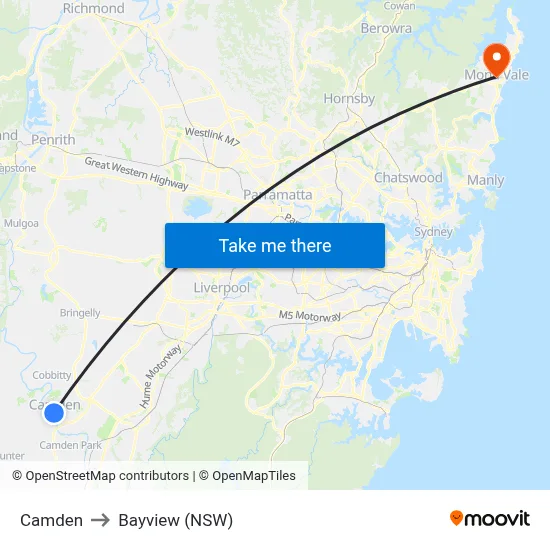 Camden to Bayview (NSW) map