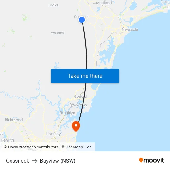Cessnock to Bayview (NSW) map