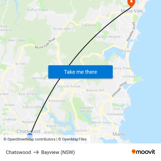 Chatswood to Bayview (NSW) map