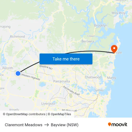 Claremont Meadows to Bayview (NSW) map