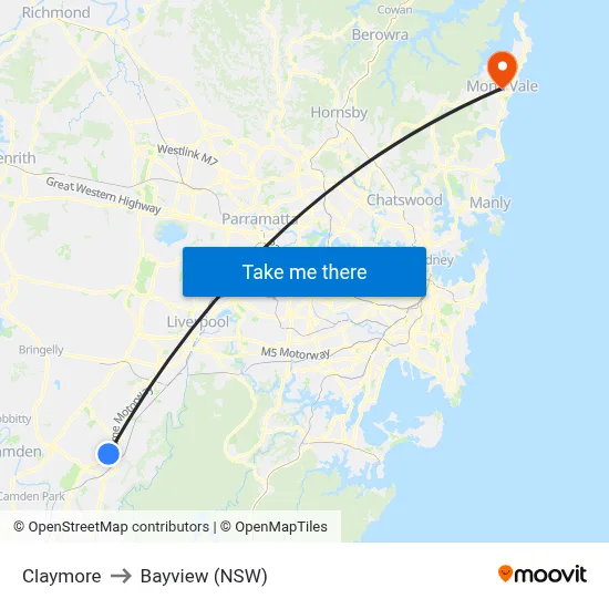 Claymore to Bayview (NSW) map