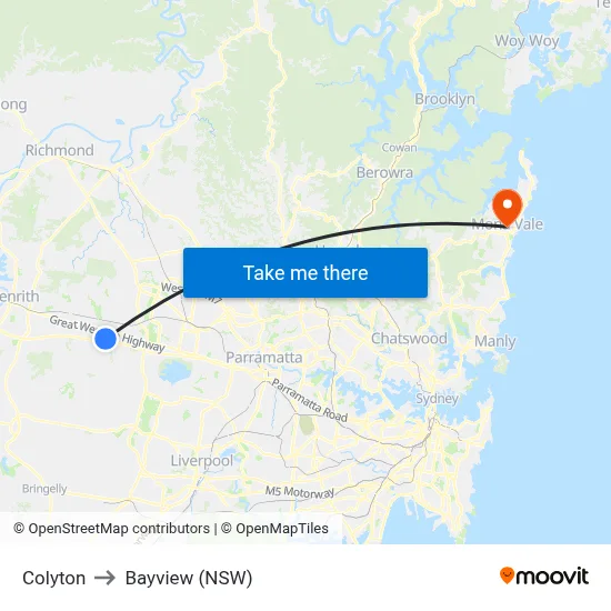 Colyton to Bayview (NSW) map