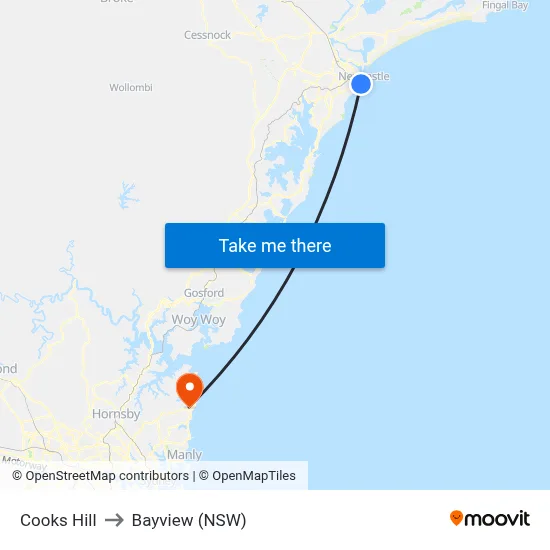 Cooks Hill to Bayview (NSW) map