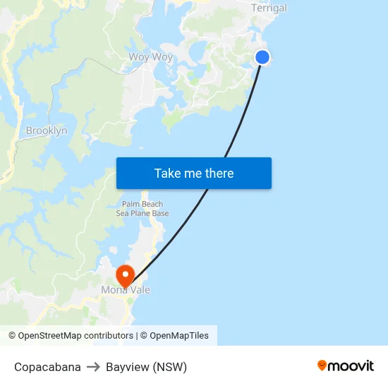 Copacabana to Bayview (NSW) map