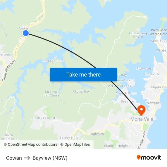 Cowan to Bayview (NSW) map