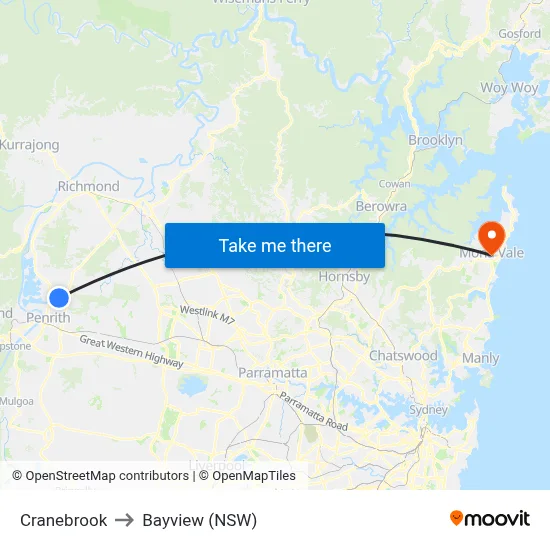 Cranebrook to Bayview (NSW) map