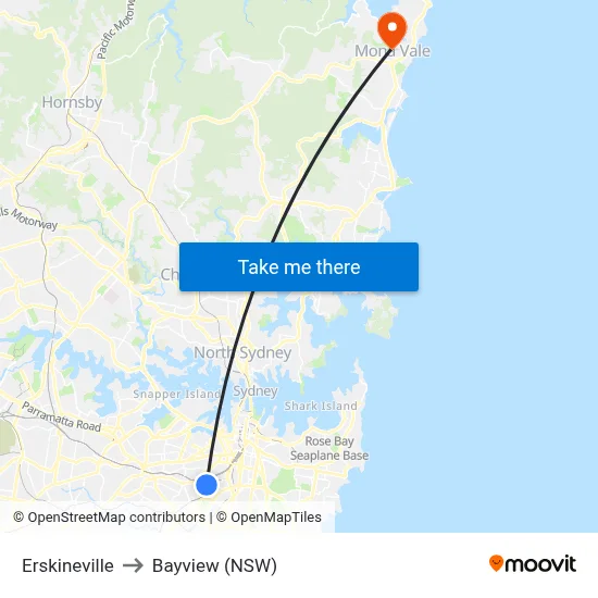 Erskineville to Bayview (NSW) map