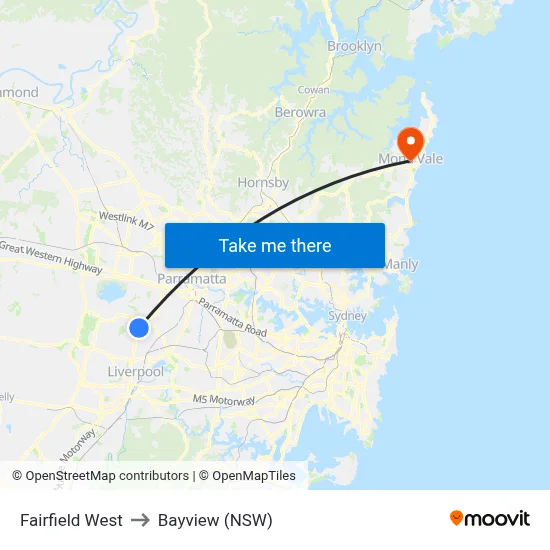 Fairfield West to Bayview (NSW) map