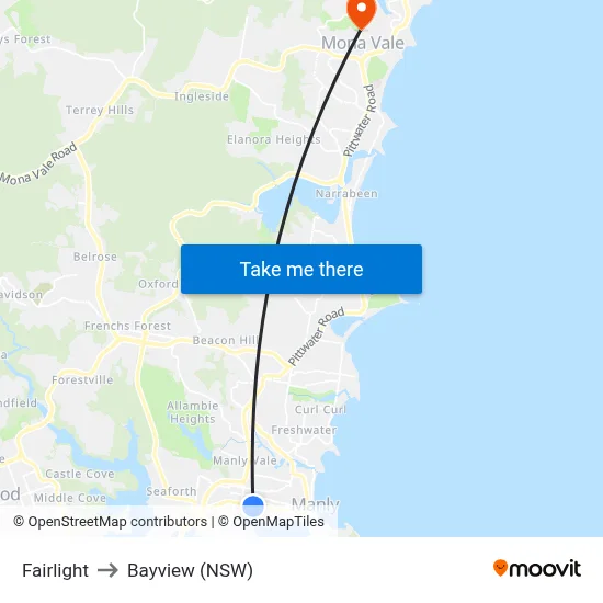 Fairlight to Bayview (NSW) map
