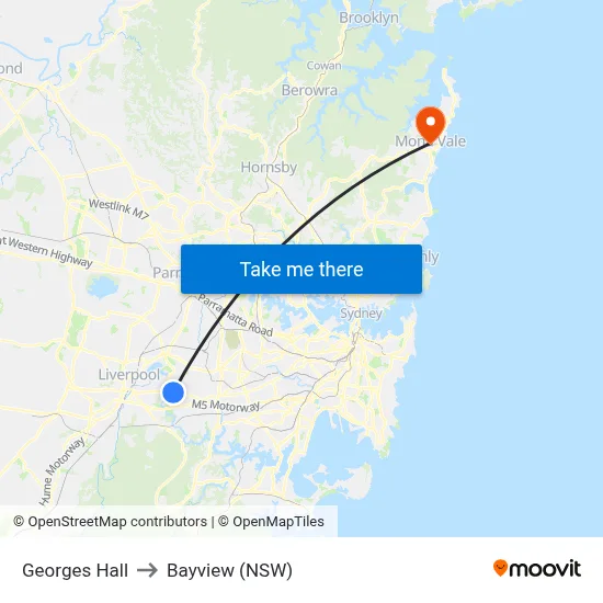 Georges Hall to Bayview (NSW) map