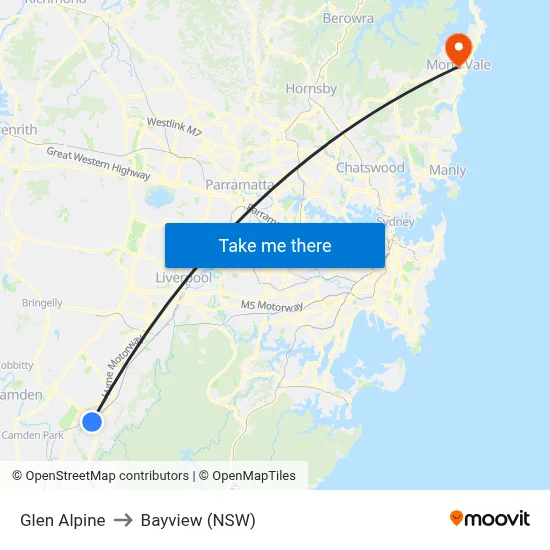 Glen Alpine to Bayview (NSW) map
