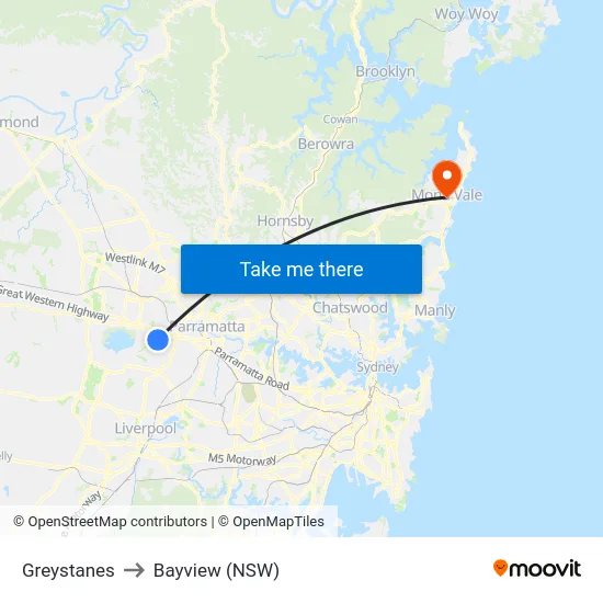 Greystanes to Bayview (NSW) map