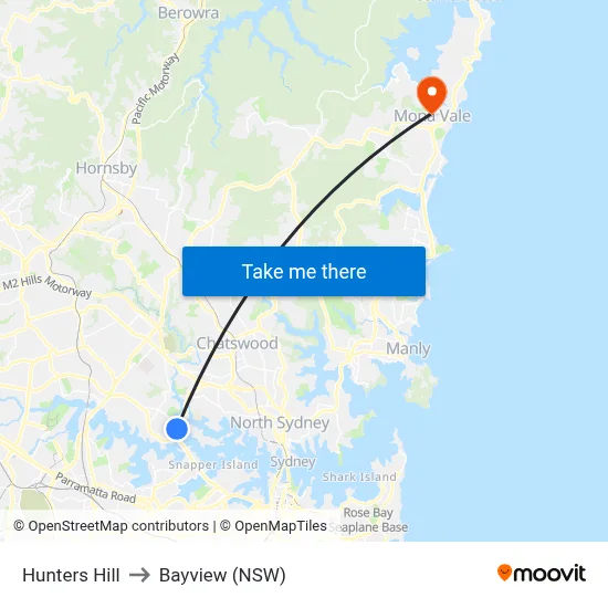 Hunters Hill to Bayview (NSW) map