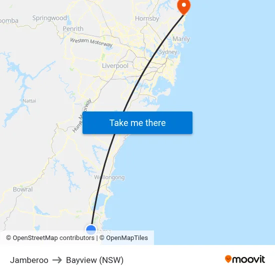Jamberoo to Bayview (NSW) map