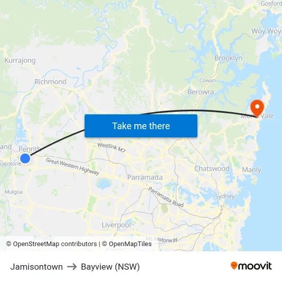 Jamisontown to Bayview (NSW) map
