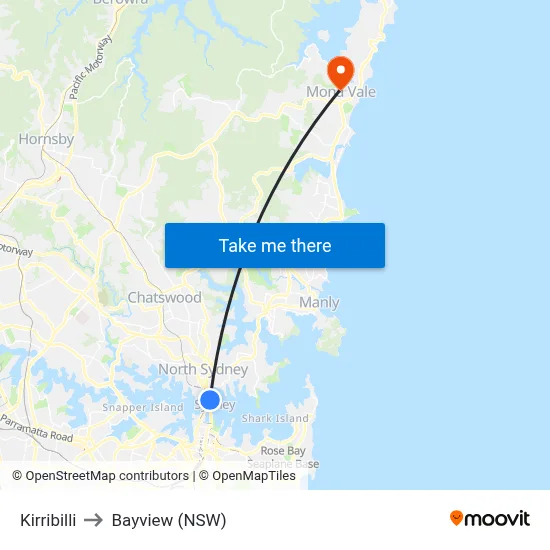 Kirribilli to Bayview (NSW) map