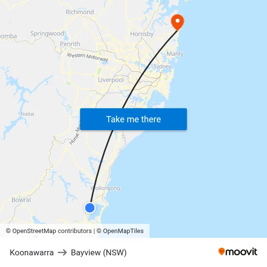 Koonawarra to Bayview (NSW) map