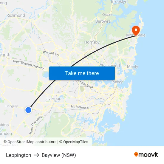 Leppington to Bayview (NSW) map