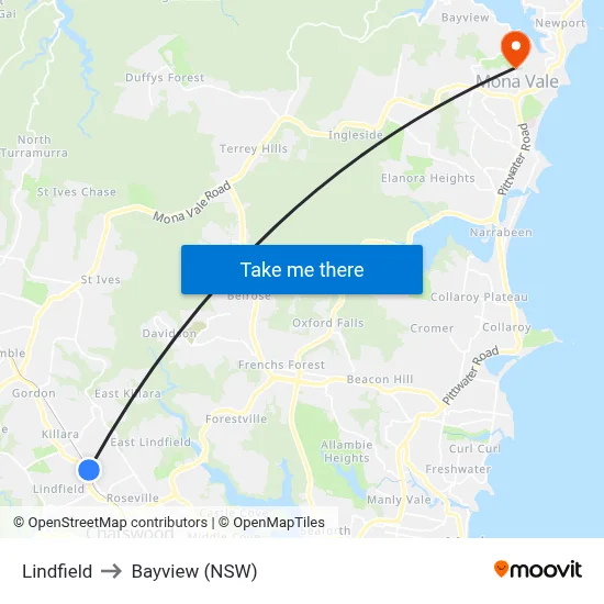 Lindfield to Bayview (NSW) map