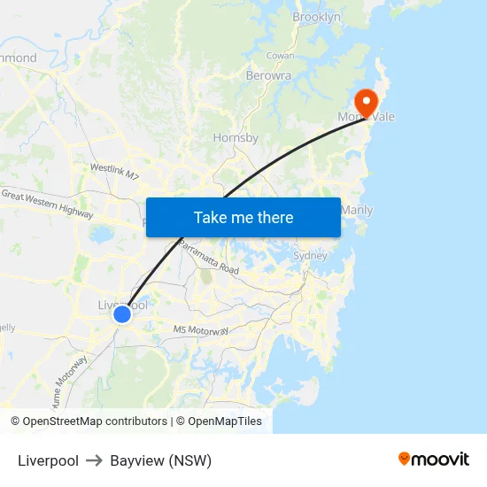Liverpool to Bayview (NSW) map