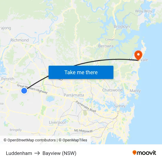 Luddenham to Bayview (NSW) map