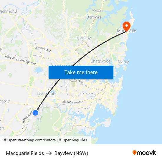 Macquarie Fields to Bayview (NSW) map
