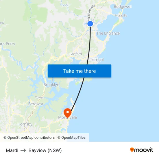 Mardi to Bayview (NSW) map
