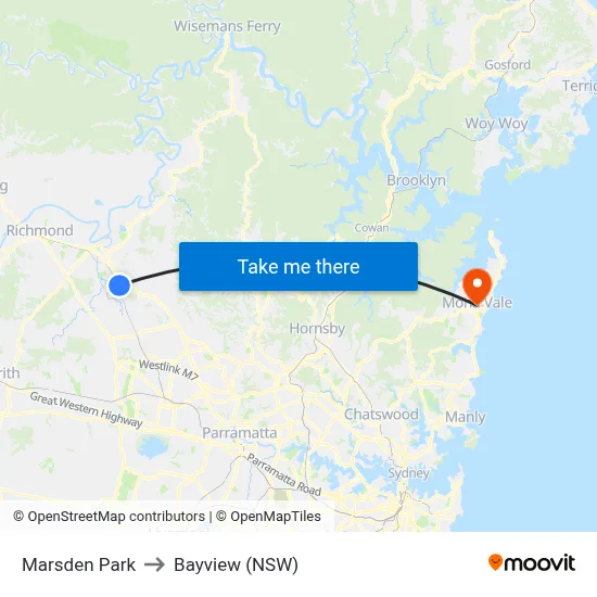 Marsden Park to Bayview (NSW) map