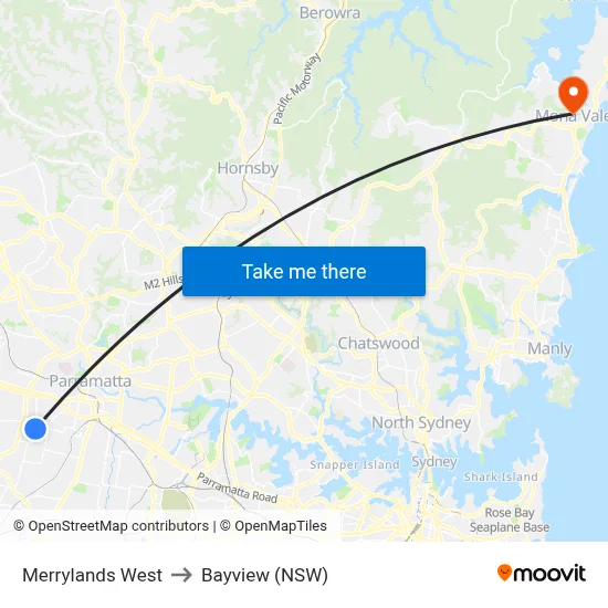 Merrylands West to Bayview (NSW) map