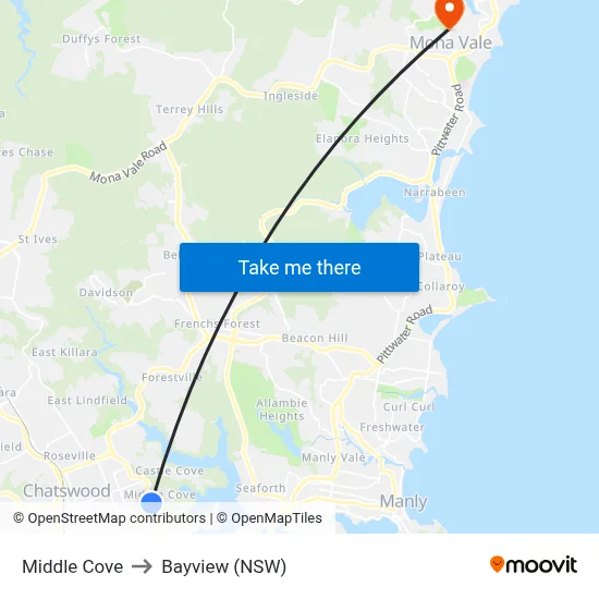 Middle Cove to Bayview (NSW) map