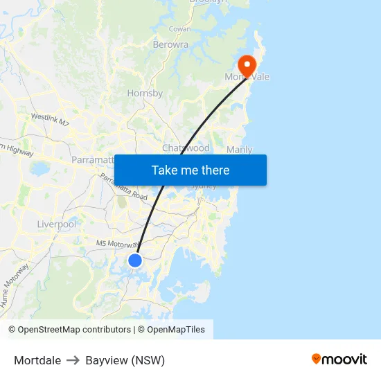 Mortdale to Bayview (NSW) map
