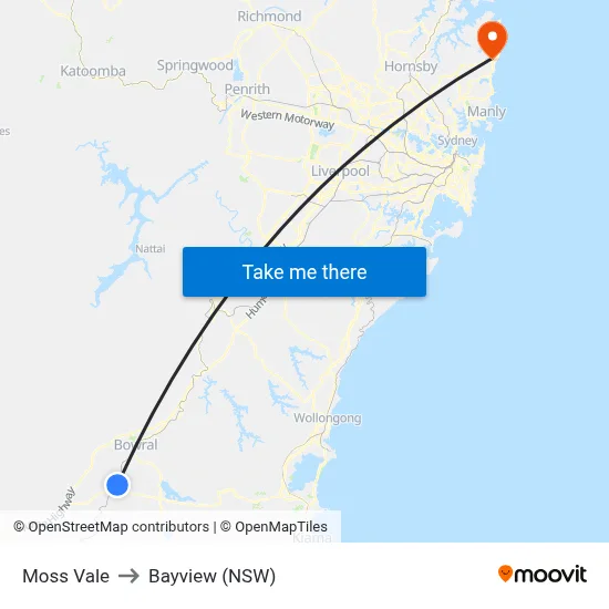 Moss Vale to Bayview (NSW) map
