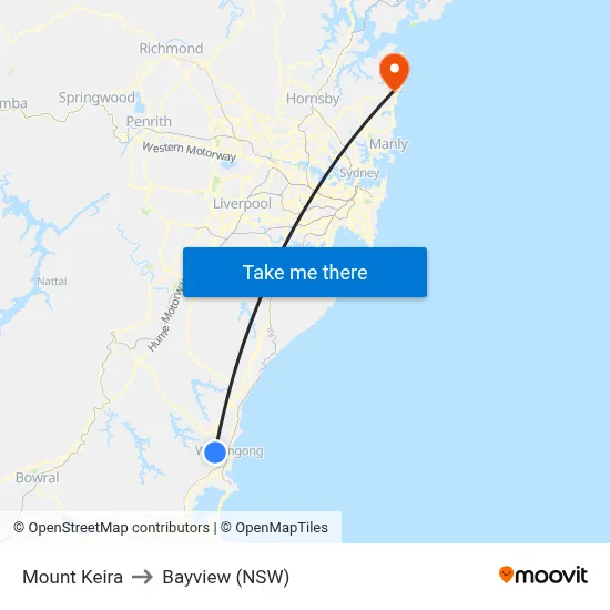 Mount Keira to Bayview (NSW) map
