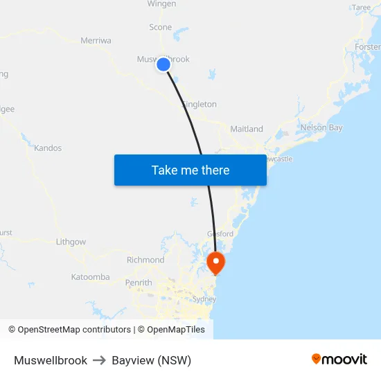 Muswellbrook to Bayview (NSW) map