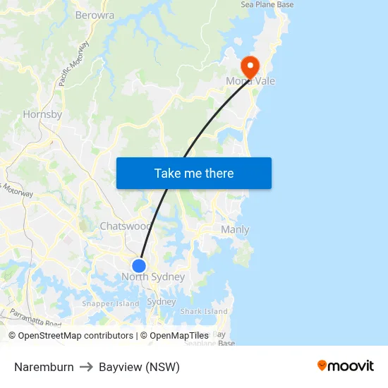 Naremburn to Bayview (NSW) map