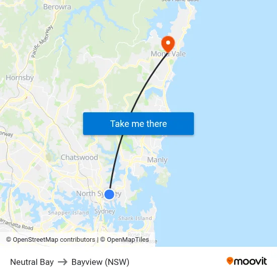 Neutral Bay to Bayview (NSW) map