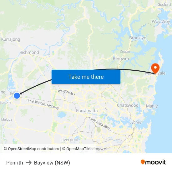 Penrith to Bayview (NSW) map