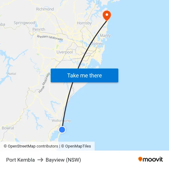 Port Kembla to Bayview (NSW) map