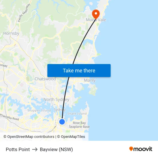 Potts Point to Bayview (NSW) map