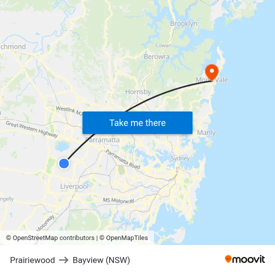 Prairiewood to Bayview (NSW) map