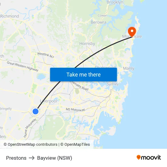Prestons to Bayview (NSW) map