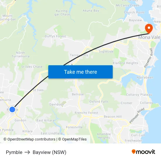 Pymble to Bayview (NSW) map